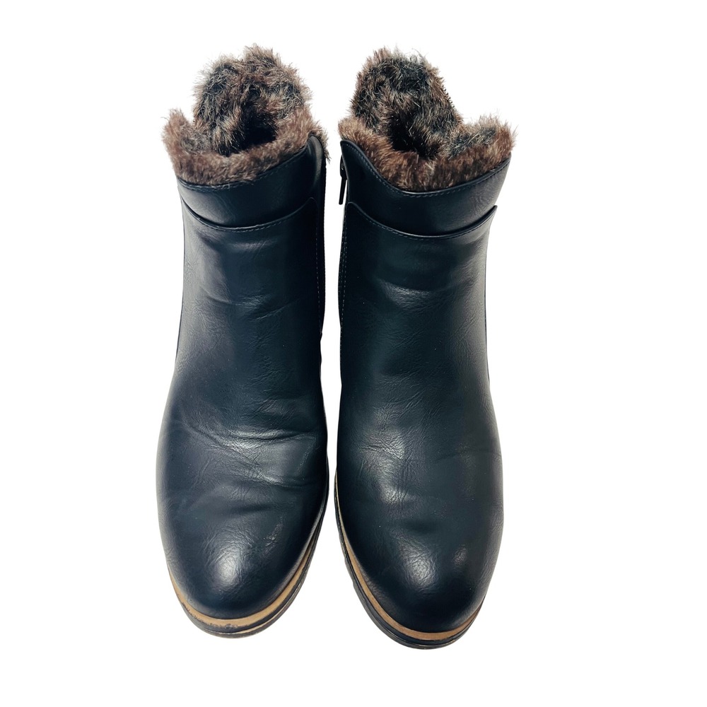 London Fog Ankle Boots 9.5 M Black Faux Leather Fur Block Heel Lug Sole Zip Up